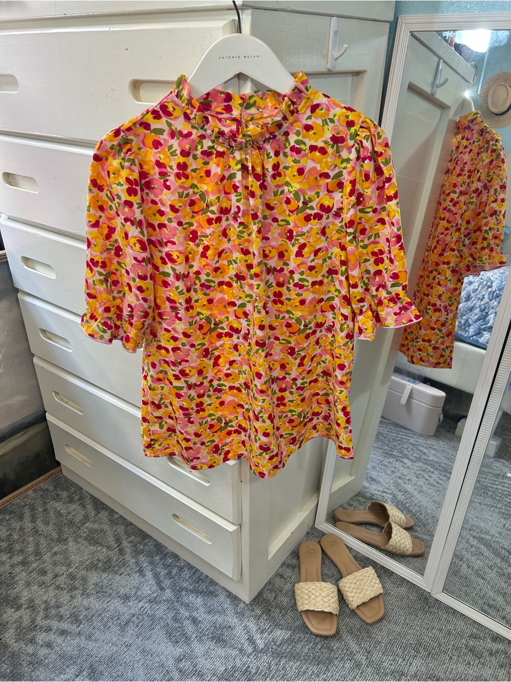 Floral Ruffle Neck Summer Bold Bloom Short Sleeve Girly Feminine Blouse✨